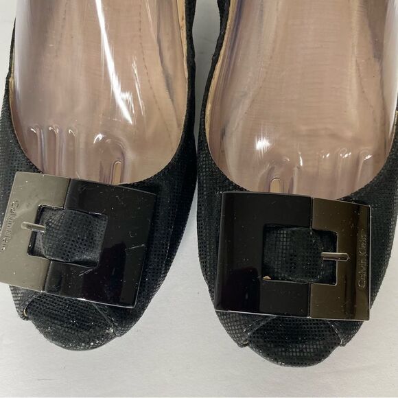 CALVIN KLEIN Women's Black Sue Mini Square Print Peep Toe Wedge Pumps Size 9M - Picture 3 of 10